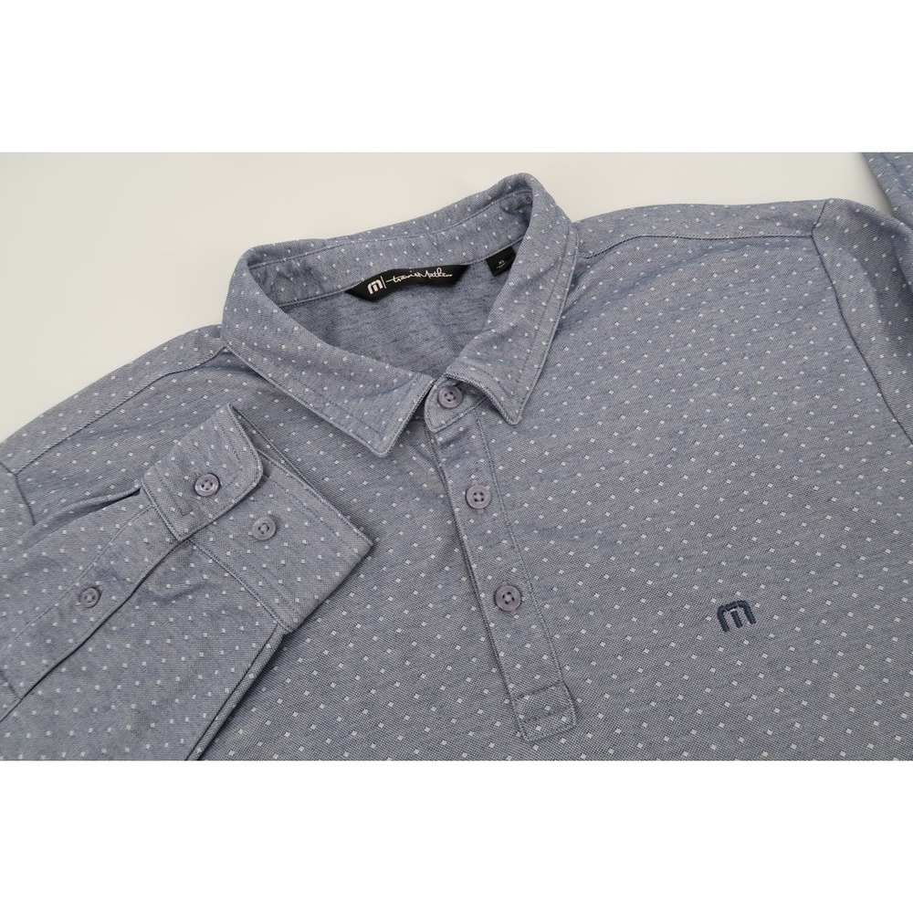 Travis Mathew Long Sleeve Polo Mens XL Blue Polka Dot Performance Golf Shirt